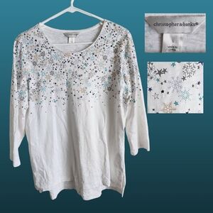 ❄️☃️❄️ Christopher & Banks White 3/4 Sleeve Tee with Wintry Embellishments SZ L